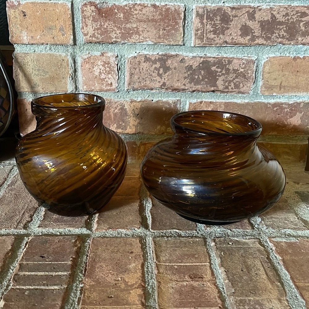 Vtg Hand Blown Amber Optic Swirl Glass Vase Trinket Bowl Set of 2